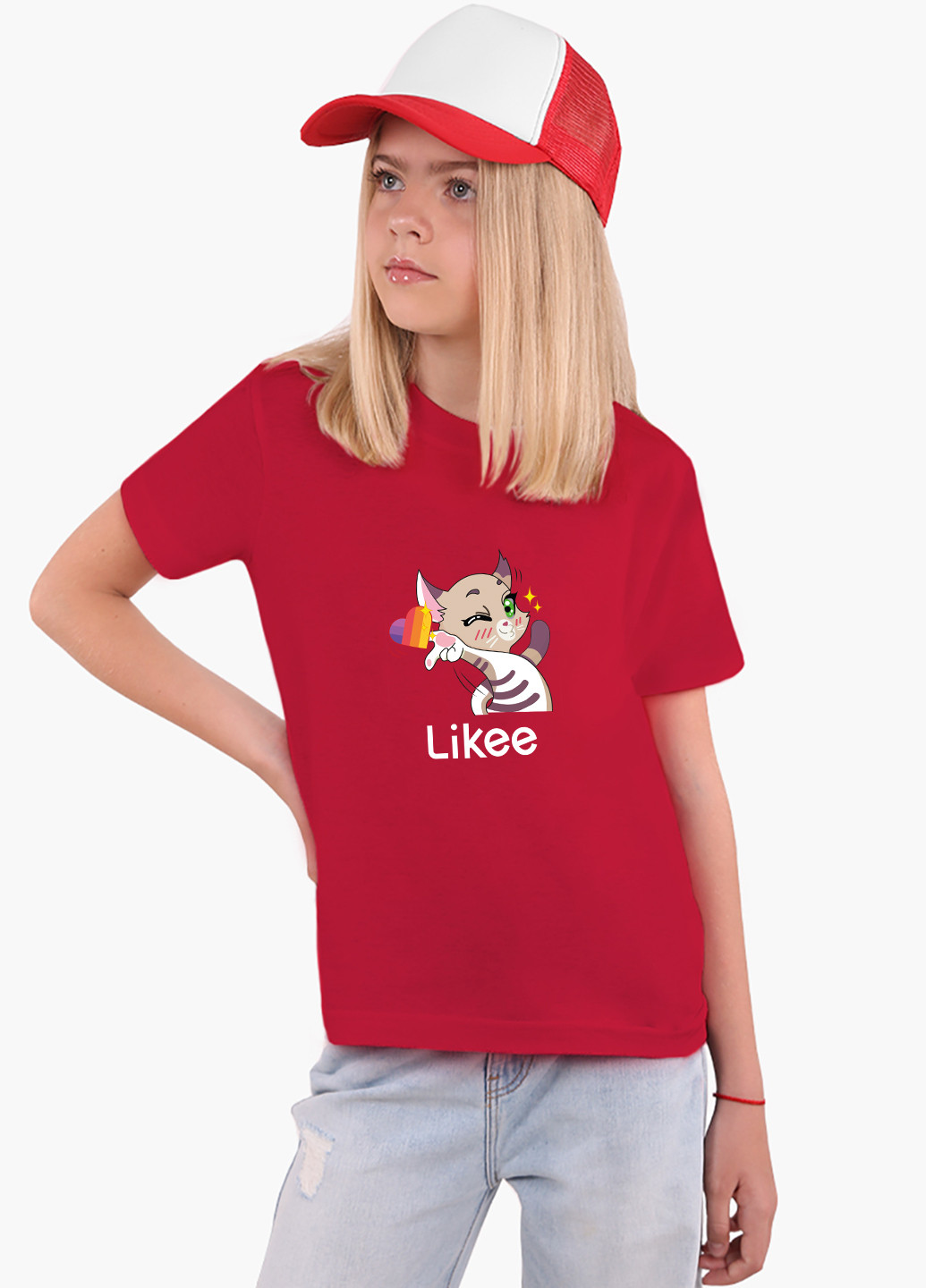 Красная демисезонная футболка детская лайк котик (likee cat)(9224-1032) MobiPrint