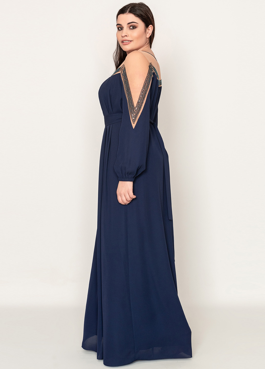 Темно-синее вечернее платье макси, с длинным рукавом Seam однотонное