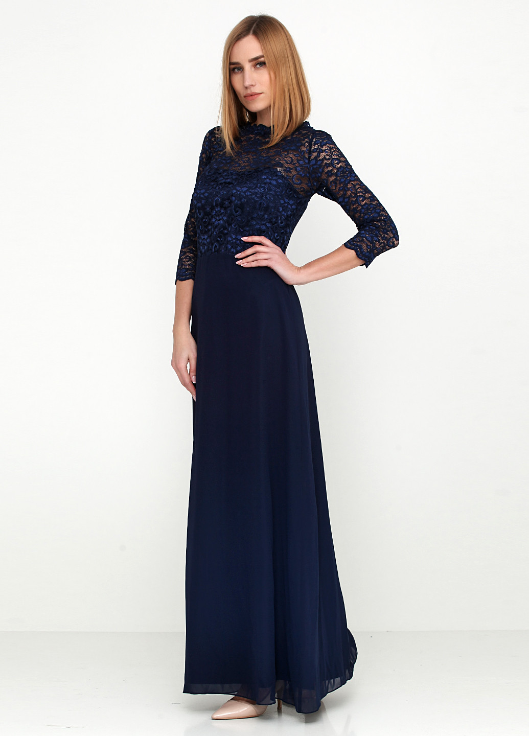 Темно-синее вечернее платье с длинным рукавом Swing фактурное