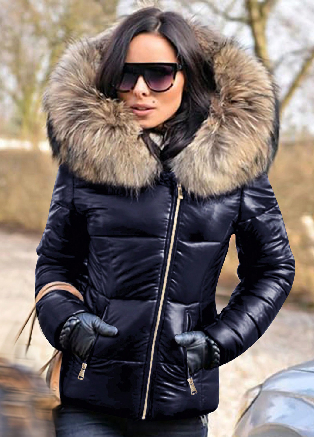 Темно-синяя зимняя куртка косуха SHEIN