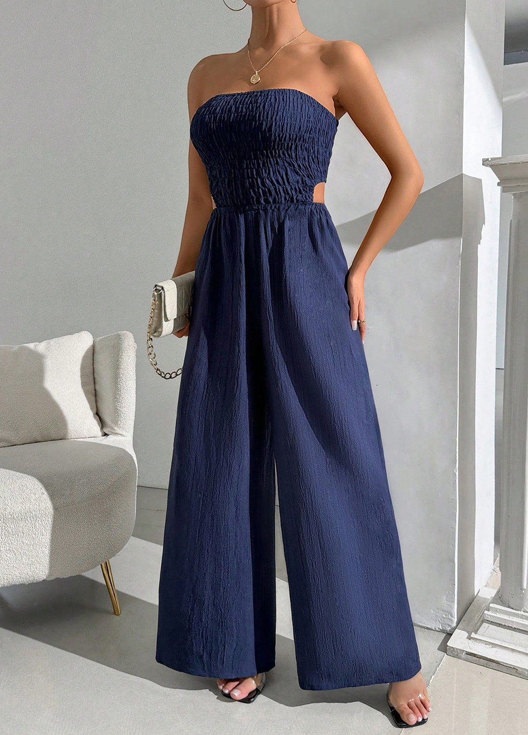 Комбинезон SHEIN комбинезон-брюки однотонный тёмно-синий кэжуал полиэстер