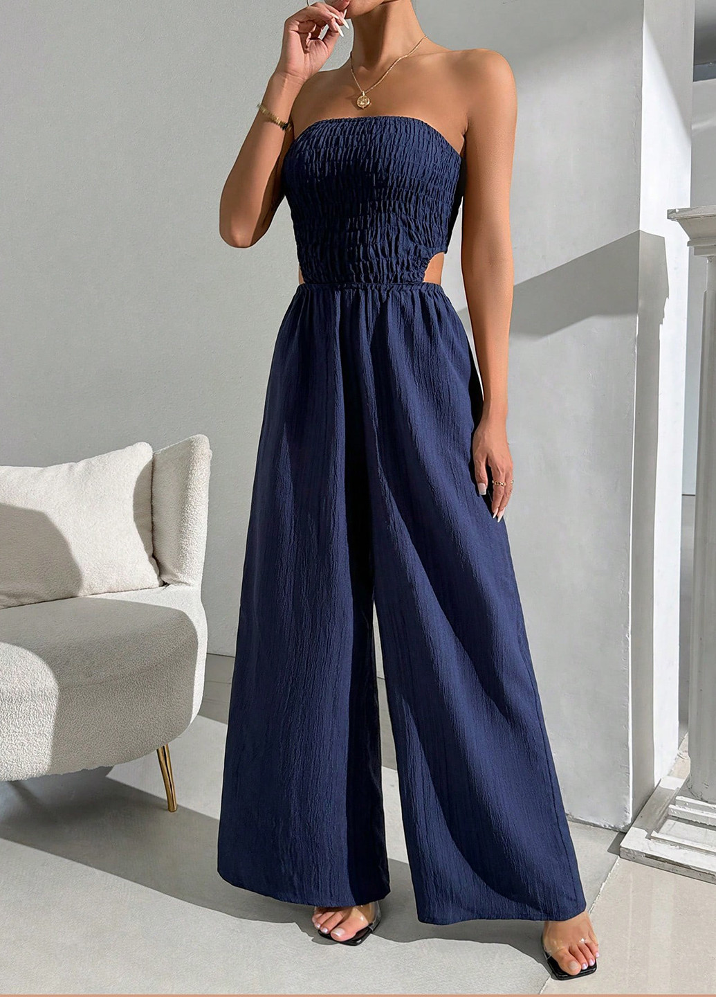 Комбинезон SHEIN комбинезон-брюки однотонный тёмно-синий кэжуал полиэстер