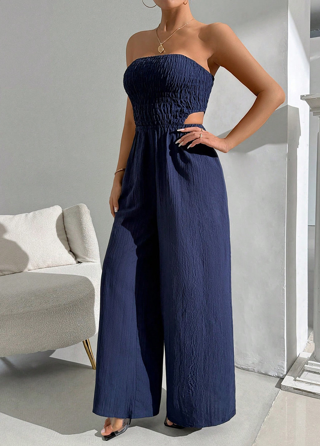 Комбинезон SHEIN комбинезон-брюки однотонный тёмно-синий кэжуал полиэстер