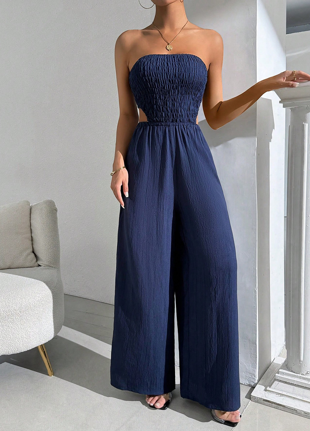 Комбинезон SHEIN комбинезон-брюки однотонный тёмно-синий кэжуал полиэстер