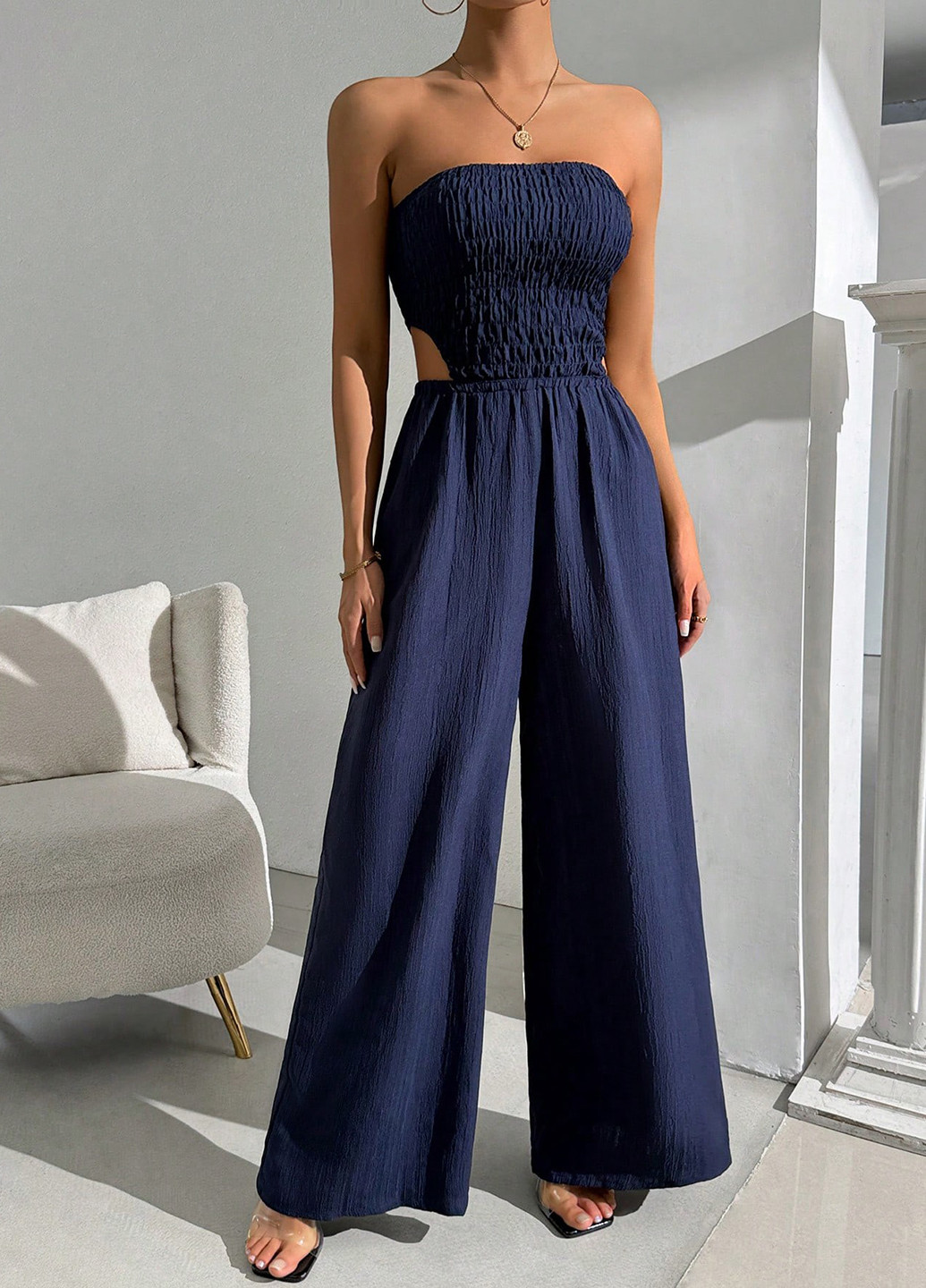 Комбинезон SHEIN комбинезон-брюки однотонный тёмно-синий кэжуал полиэстер