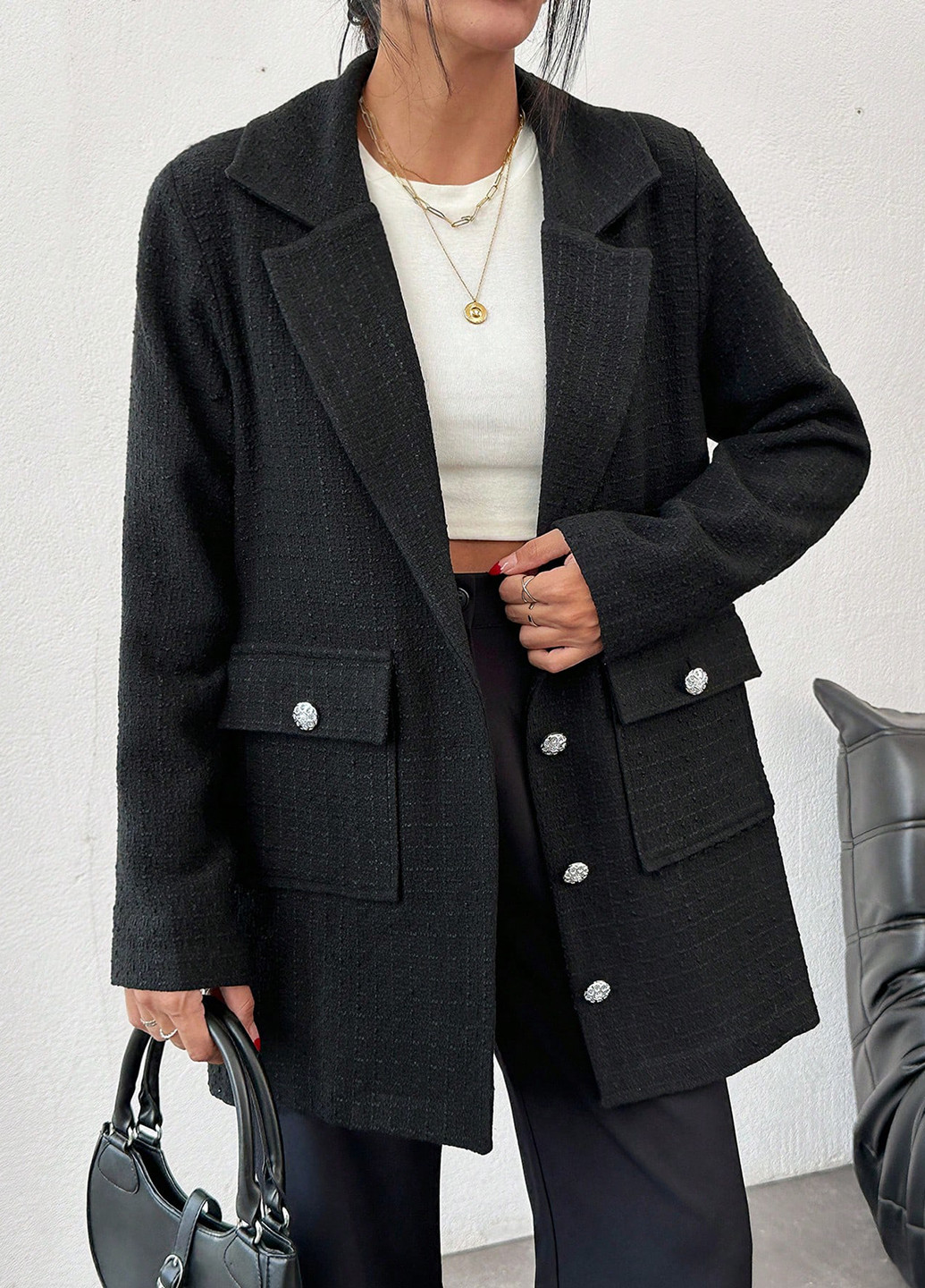 Чорне демісезонне Пальто однобортне SHEIN
