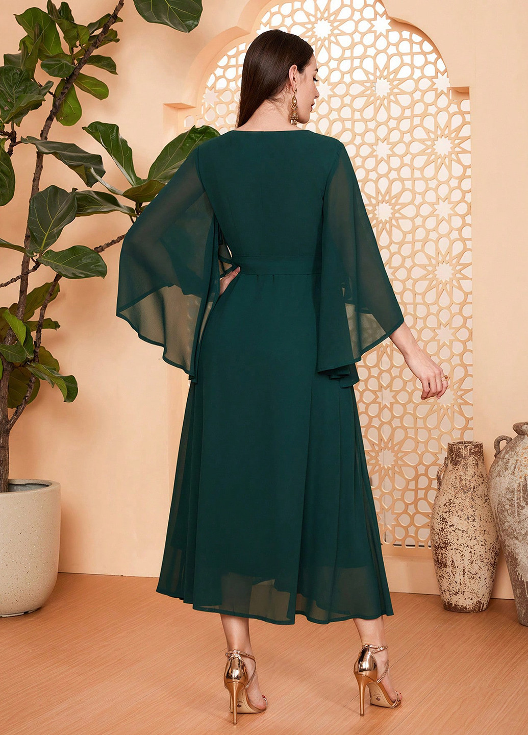 Темно-зеленое кэжуал платье а-силуэт SHEIN с геометрическим узором