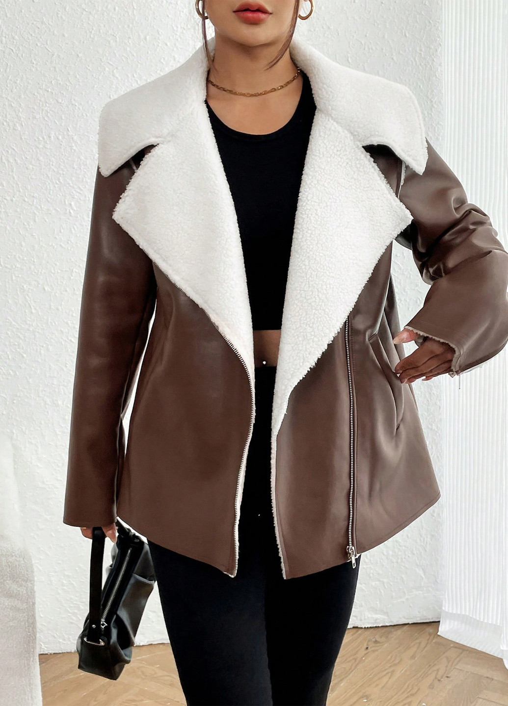 Коричневая зимняя куртка косуха SHEIN