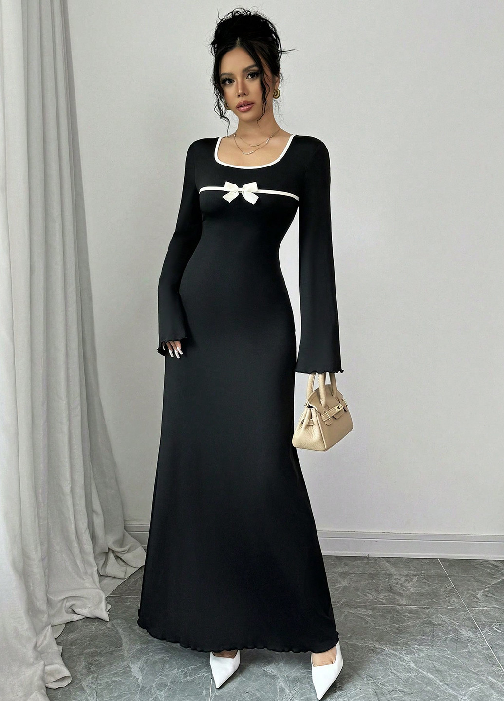 Черно-белое вечернее, кэжуал платье SHEIN однотонное