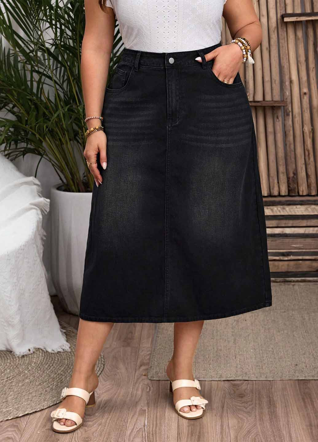 Черная джинсовая, кэжуал однотонная юбка SHEIN а-силуэта (трапеция)
