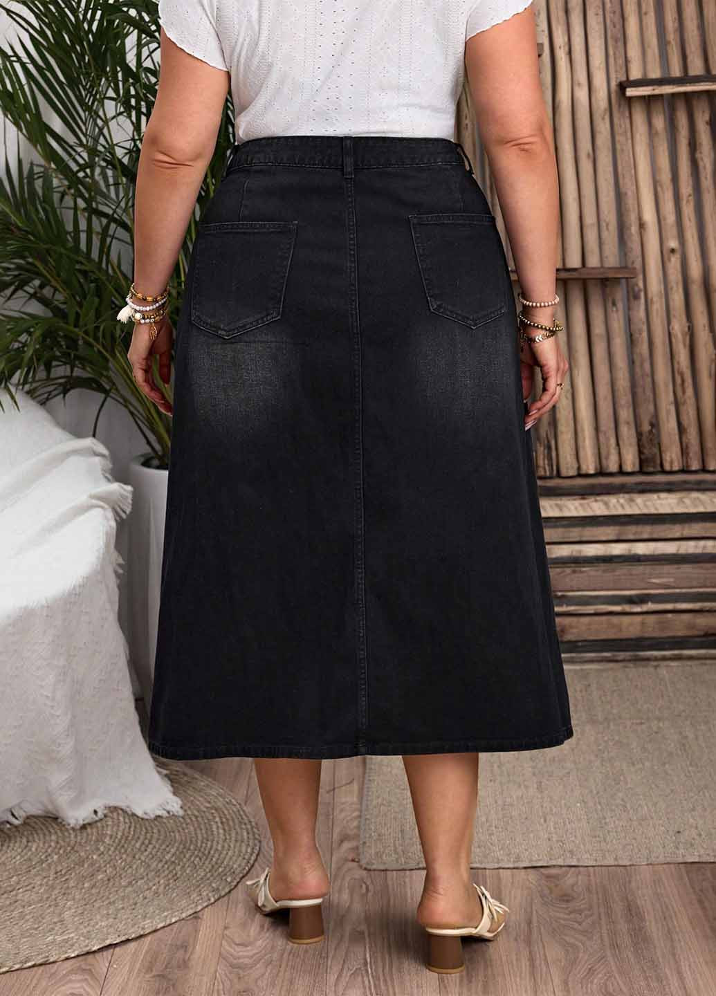 Черная джинсовая, кэжуал однотонная юбка SHEIN а-силуэта (трапеция)