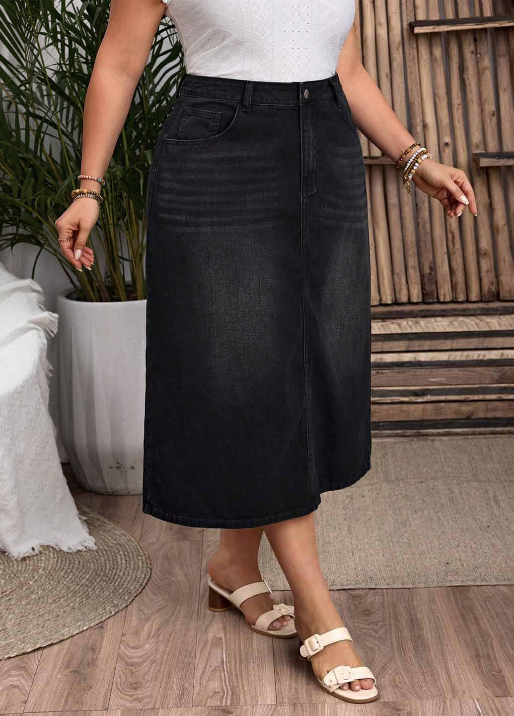 Черная джинсовая, кэжуал однотонная юбка SHEIN а-силуэта (трапеция)