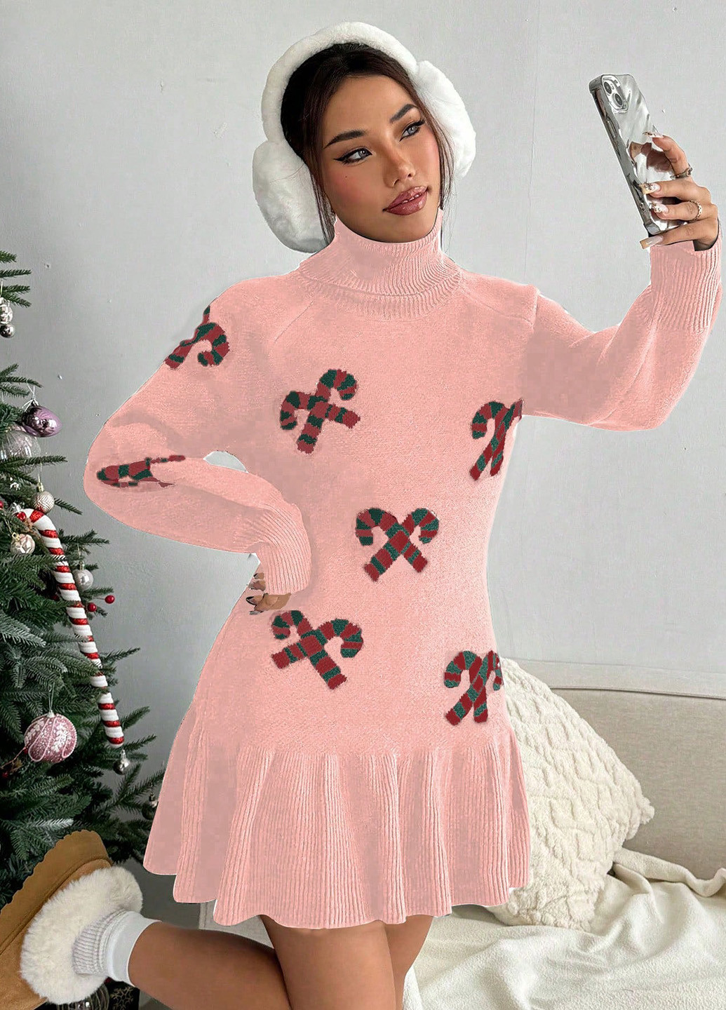 Рожева кежуал сукня сукня светр SHEIN з новорічним принтом