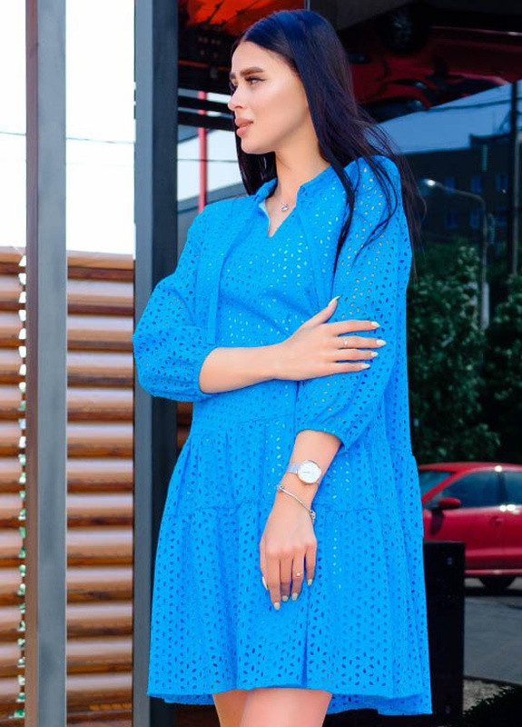 Голубое кэжуал красивое платье из прошвы на подкладке Look & Buy однотонное