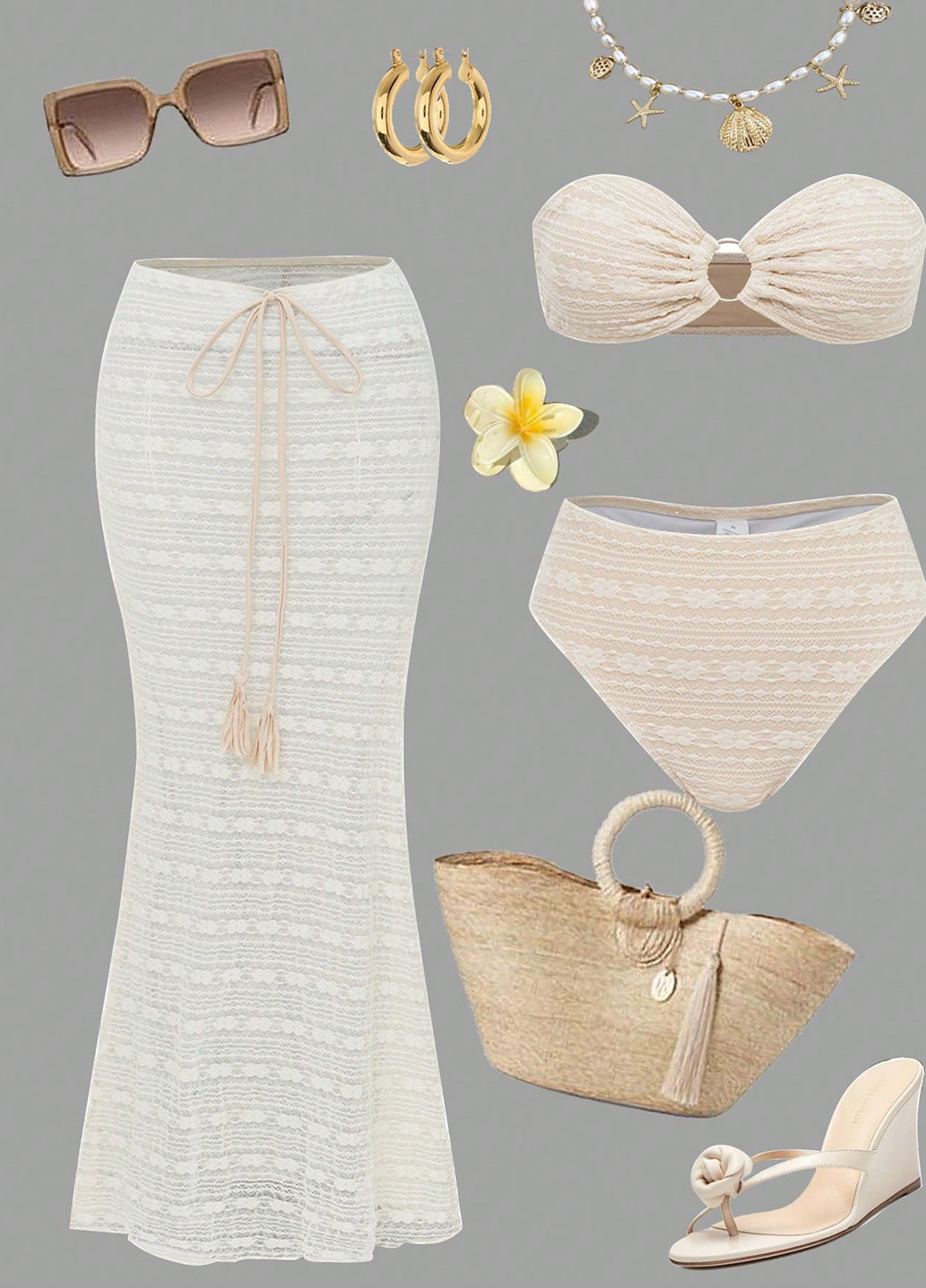 Кремовый летний купальник (лиф, трусики, юбка) раздельный, бандо SHEIN
