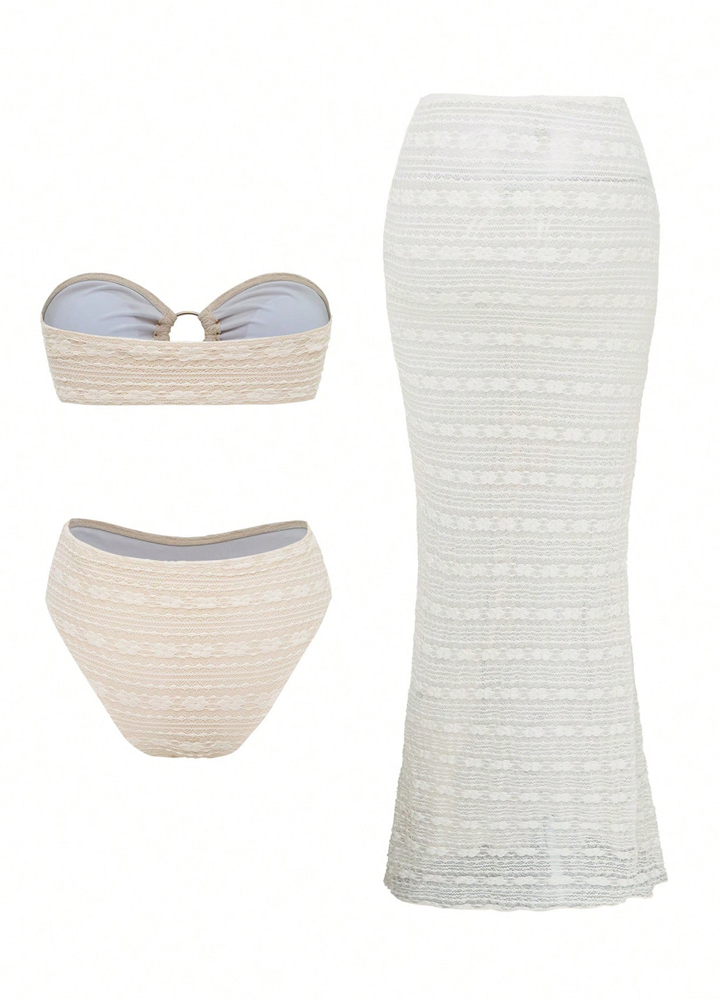 Кремовый летний купальник (лиф, трусики, юбка) раздельный, бандо SHEIN