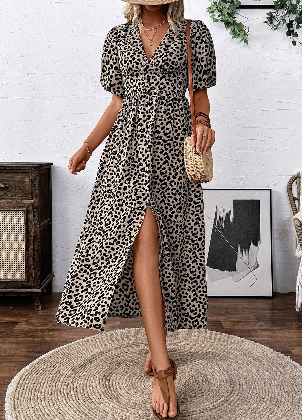 Бежева кежуал сукня з спідницею-сонце, в стилі армпір SHEIN леопардовий
