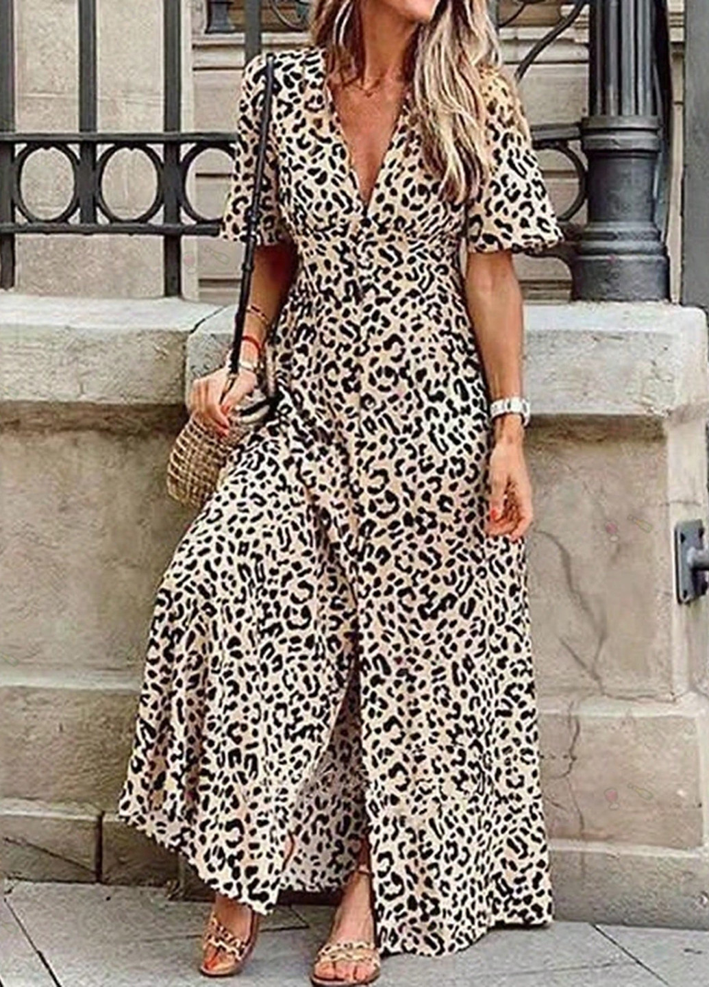 Бежева кежуал сукня з спідницею-сонце, в стилі армпір SHEIN леопардовий