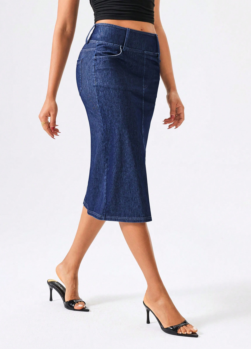 Темно-синяя джинсовая, кэжуал однотонная юбка SHEIN