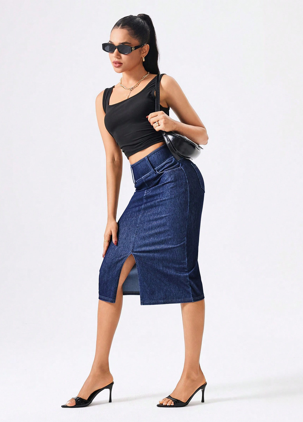Темно-синяя джинсовая, кэжуал однотонная юбка SHEIN