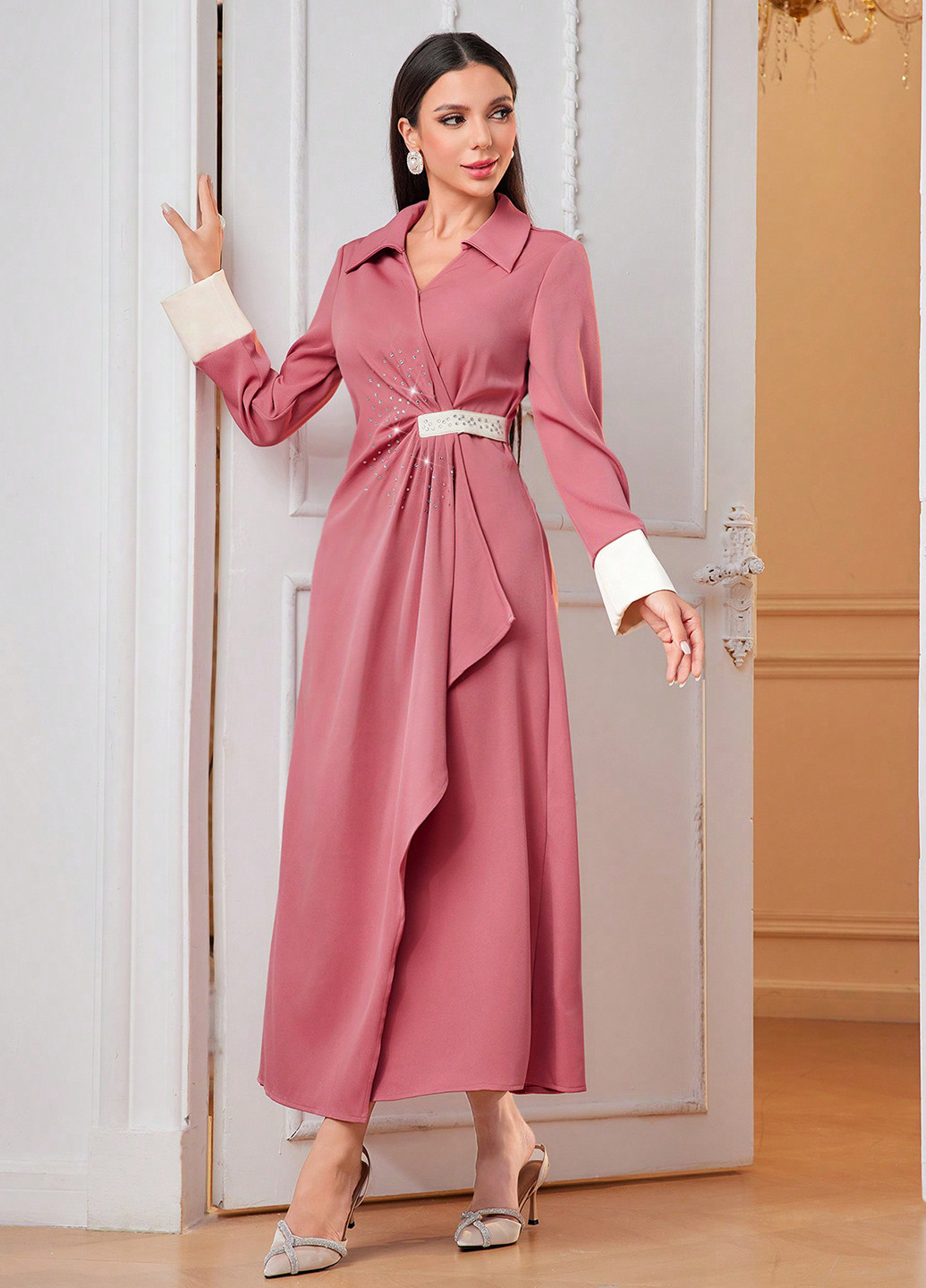 Темно-розовое вечернее платье на запах SHEIN однотонное