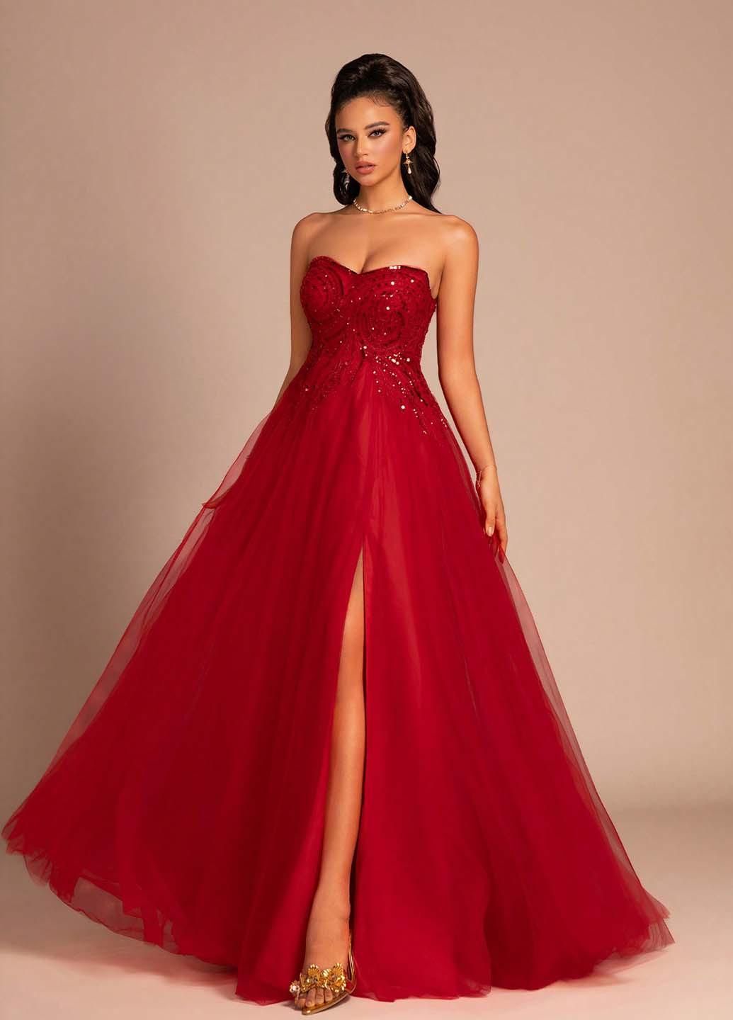 Червона святковий, вечірня сукня з пишною спідницею, з відкритою спиною, з відкритими плечима SHEIN однотонна