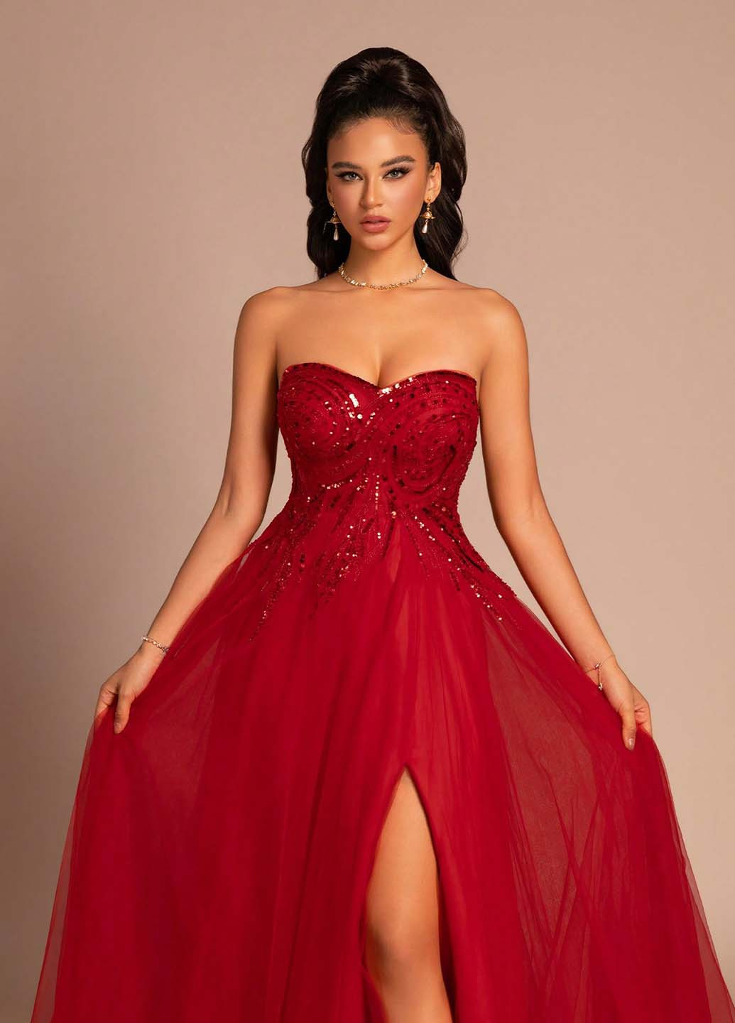 Червона святковий, вечірня сукня з пишною спідницею, з відкритою спиною, з відкритими плечима SHEIN однотонна