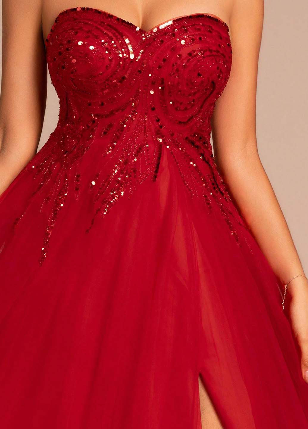 Червона святковий, вечірня сукня з пишною спідницею, з відкритою спиною, з відкритими плечима SHEIN однотонна