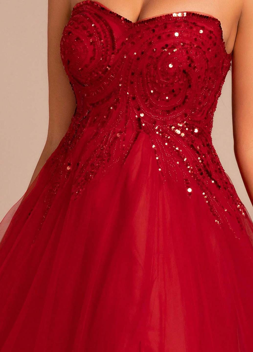 Червона святковий, вечірня сукня з пишною спідницею, з відкритою спиною, з відкритими плечима SHEIN однотонна