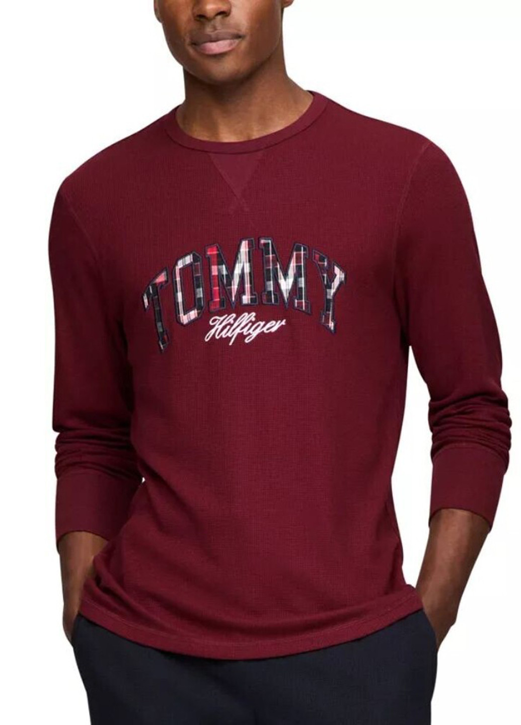 Лонгслів Tommy Hilfiger напис бордовий кежуали бавовна, трикотаж