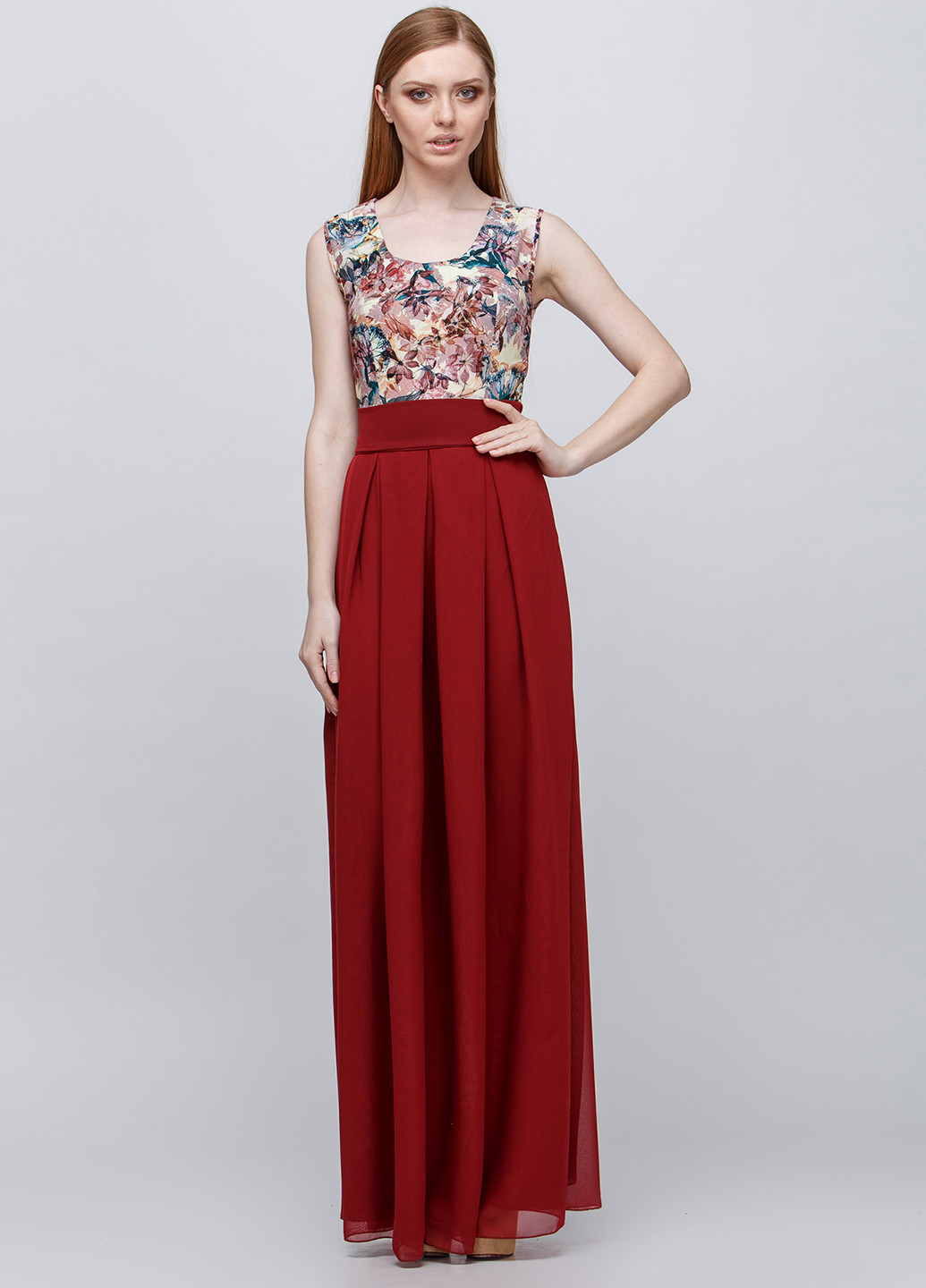 Темно-красное кэжуал платье клеш Adelin Fostayn с цветочным принтом