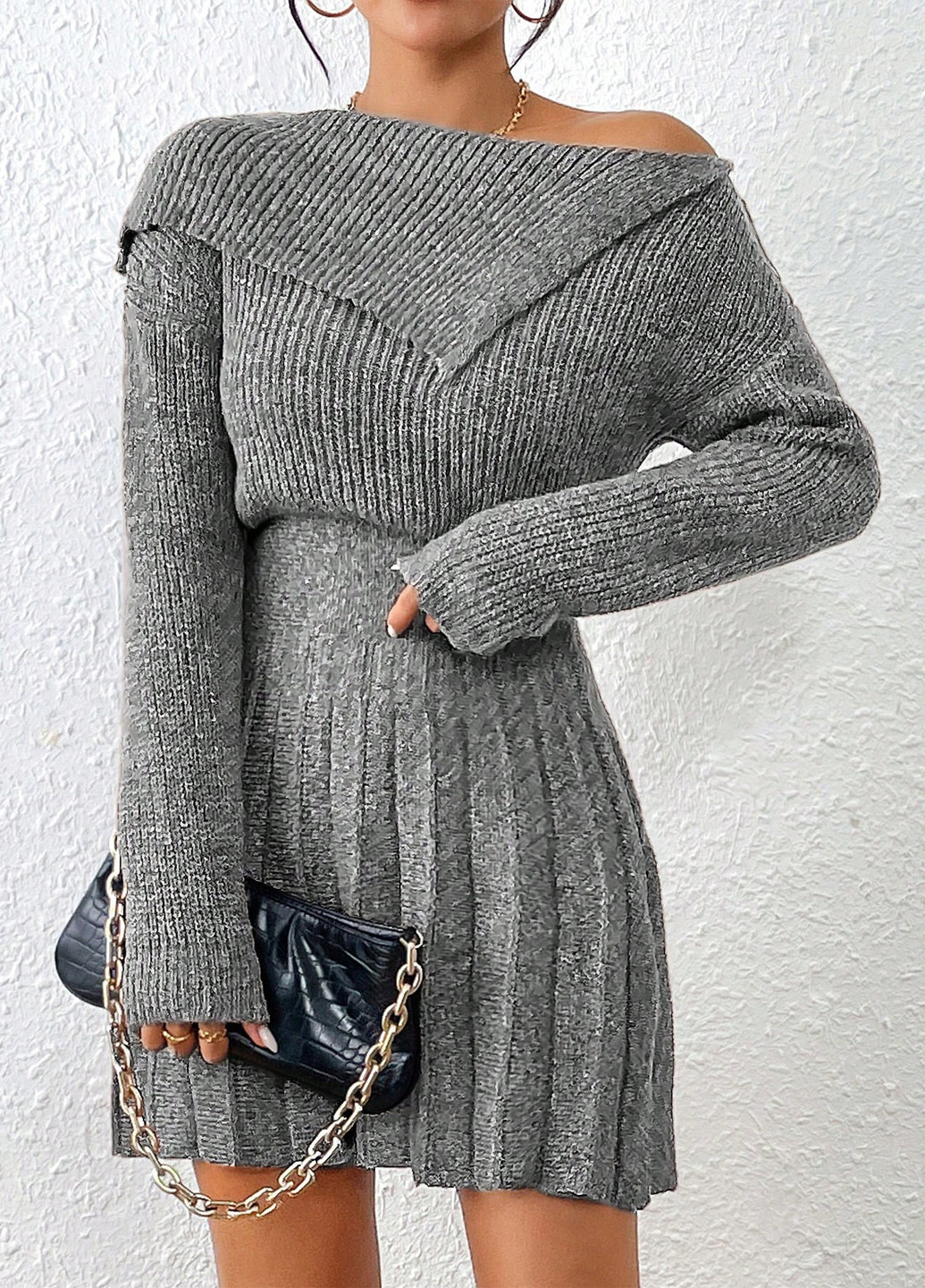 Сіра кежуал сукня сукня светр, плісована SHEIN однотонна