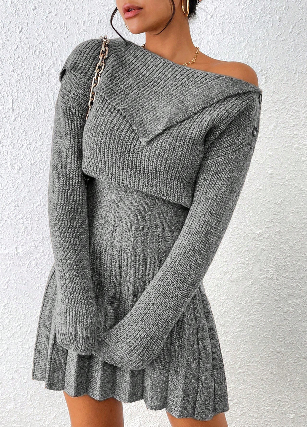 Сіра кежуал сукня сукня светр, плісована SHEIN однотонна