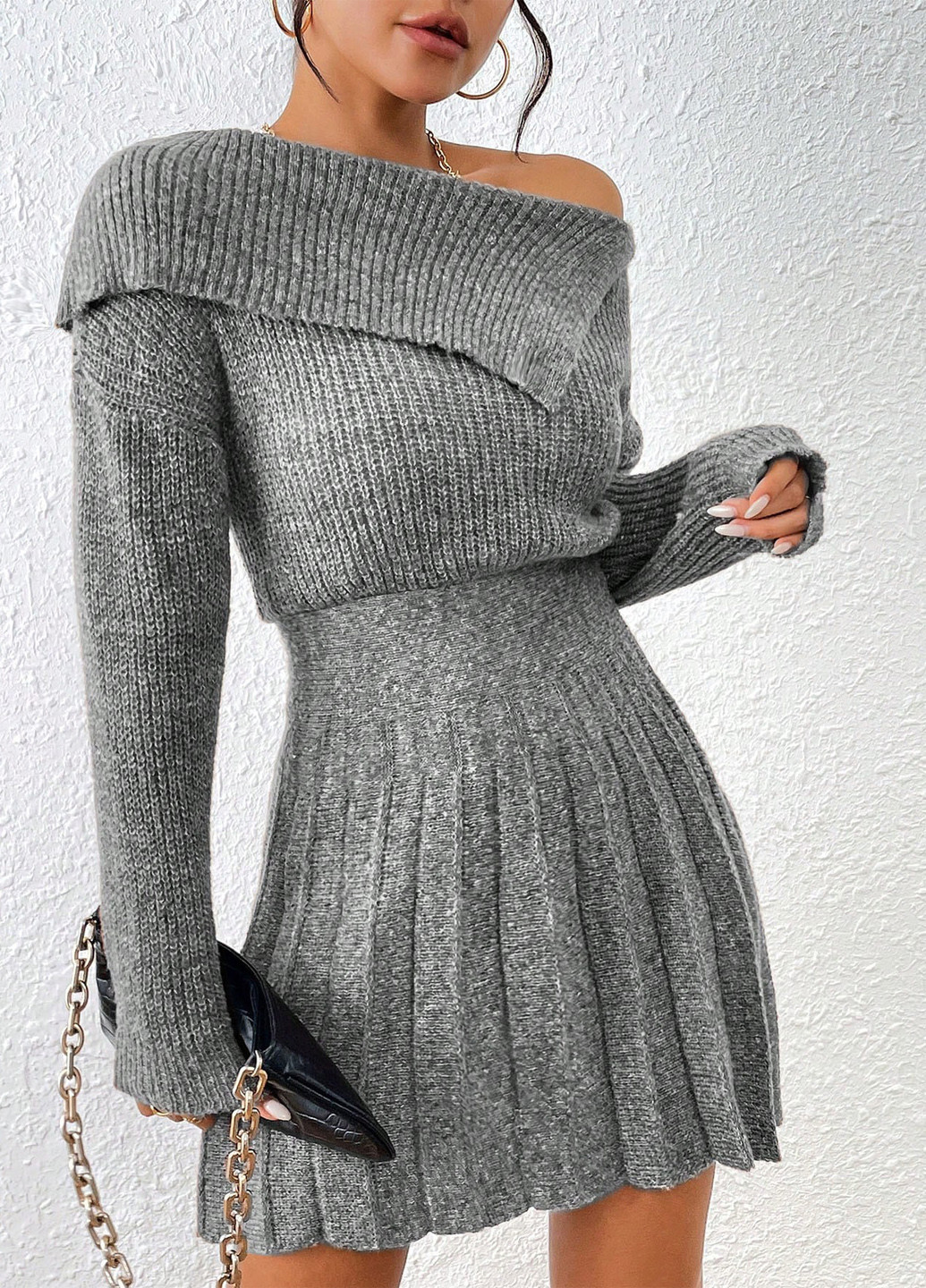Сіра кежуал сукня сукня светр, плісована SHEIN однотонна