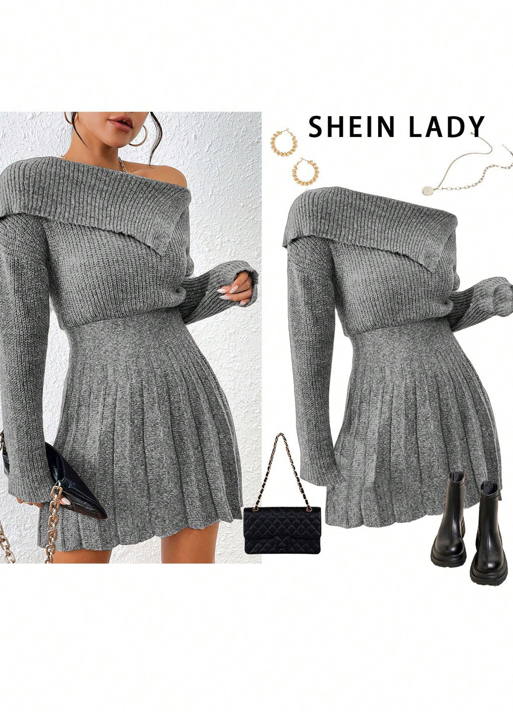 Сіра кежуал сукня сукня светр, плісована SHEIN однотонна