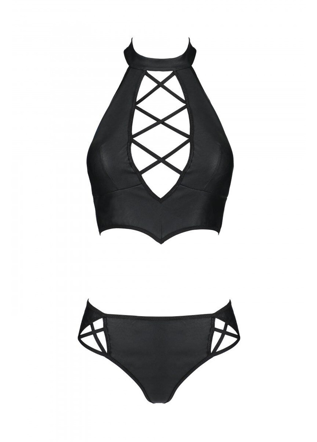 Комплект з еко-шкіри Nancy Bikini black XXL/XXXL -, бра та трусики з імітацією шнурівки Passion (255459110)