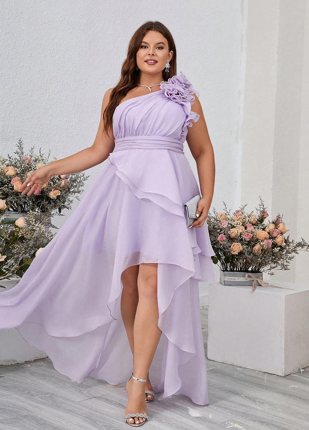 Лиловое праздничный, вечернее платье на одно плечо SHEIN однотонное