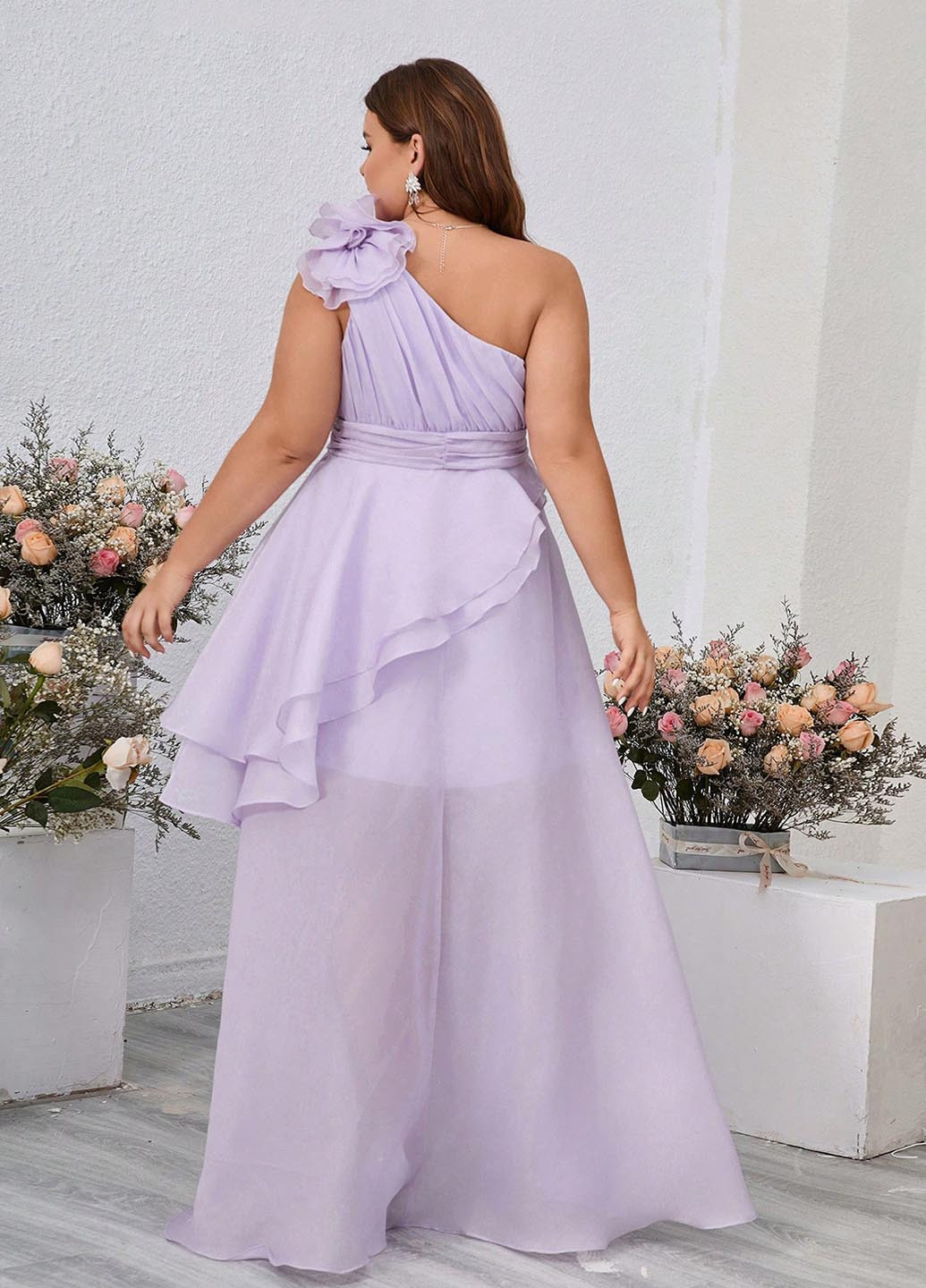 Лиловое праздничный, вечернее платье на одно плечо SHEIN однотонное