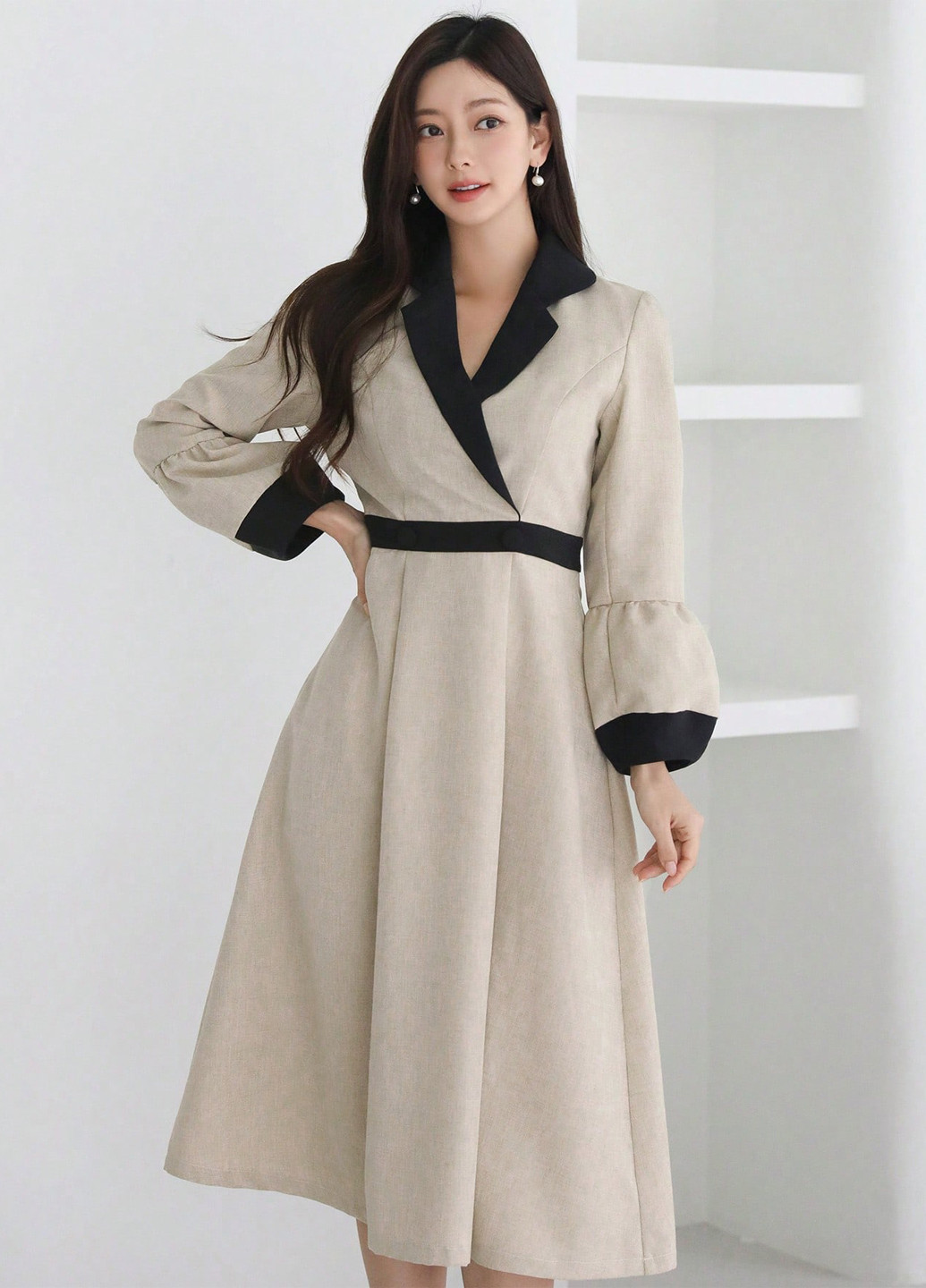 Кремовое кэжуал платье с юбкой-солнце, платье-жакет SHEIN колор блок