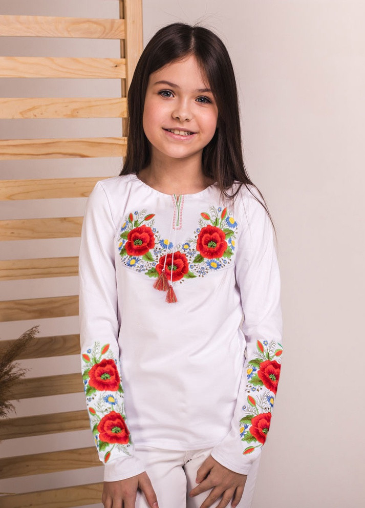 Біла вишита футболка для дівчинки з довгим рукавом маковий цвіт Melanika візерунок квітковий бавовна (252854276)