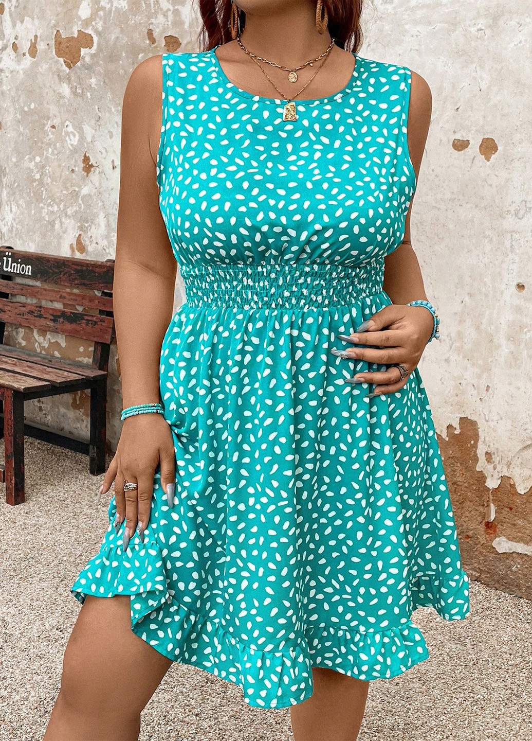 Бирюзовое кэжуал платье платье-майка, клеш SHEIN с рисунком