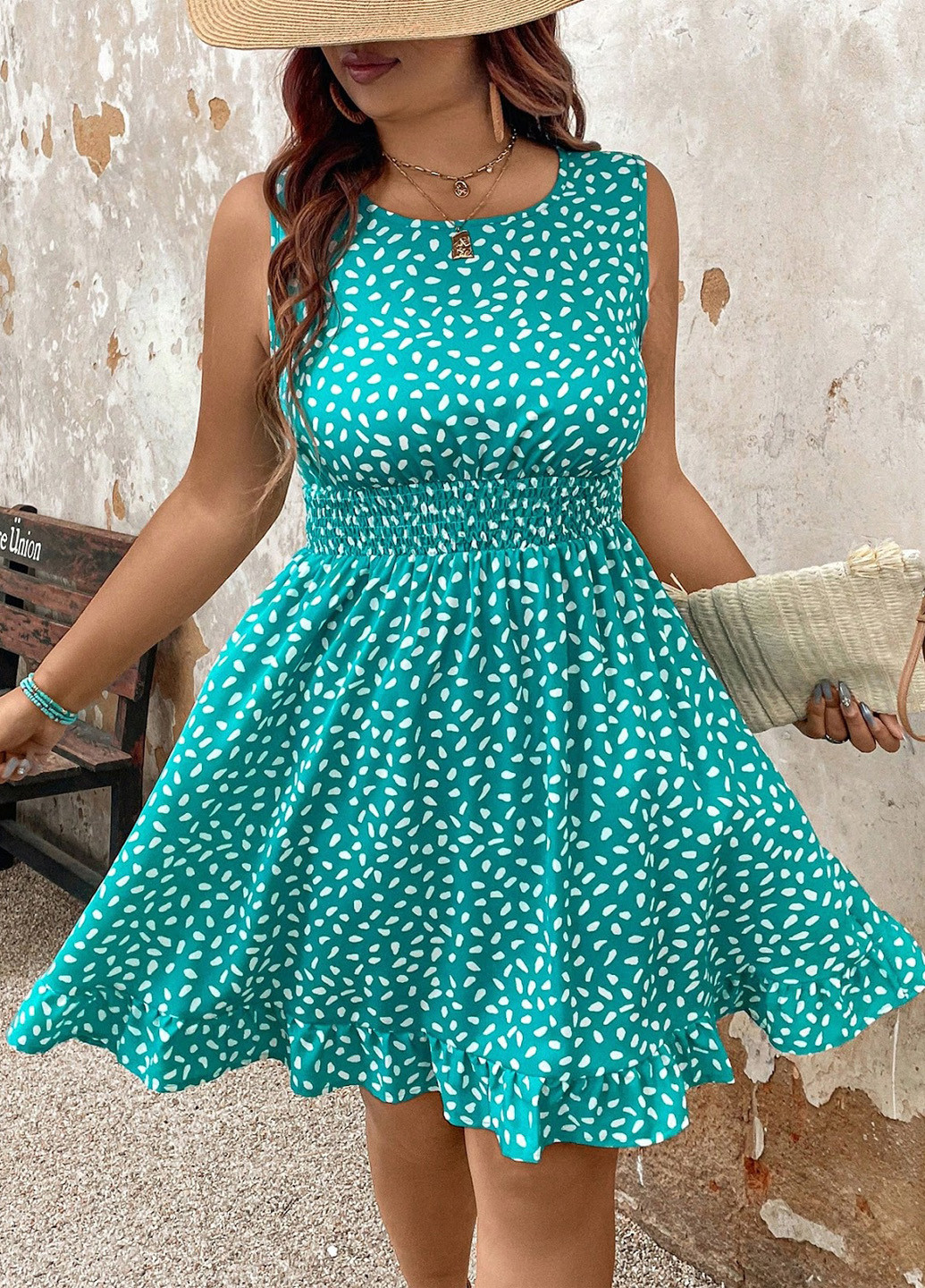 Бирюзовое кэжуал платье платье-майка, клеш SHEIN с рисунком