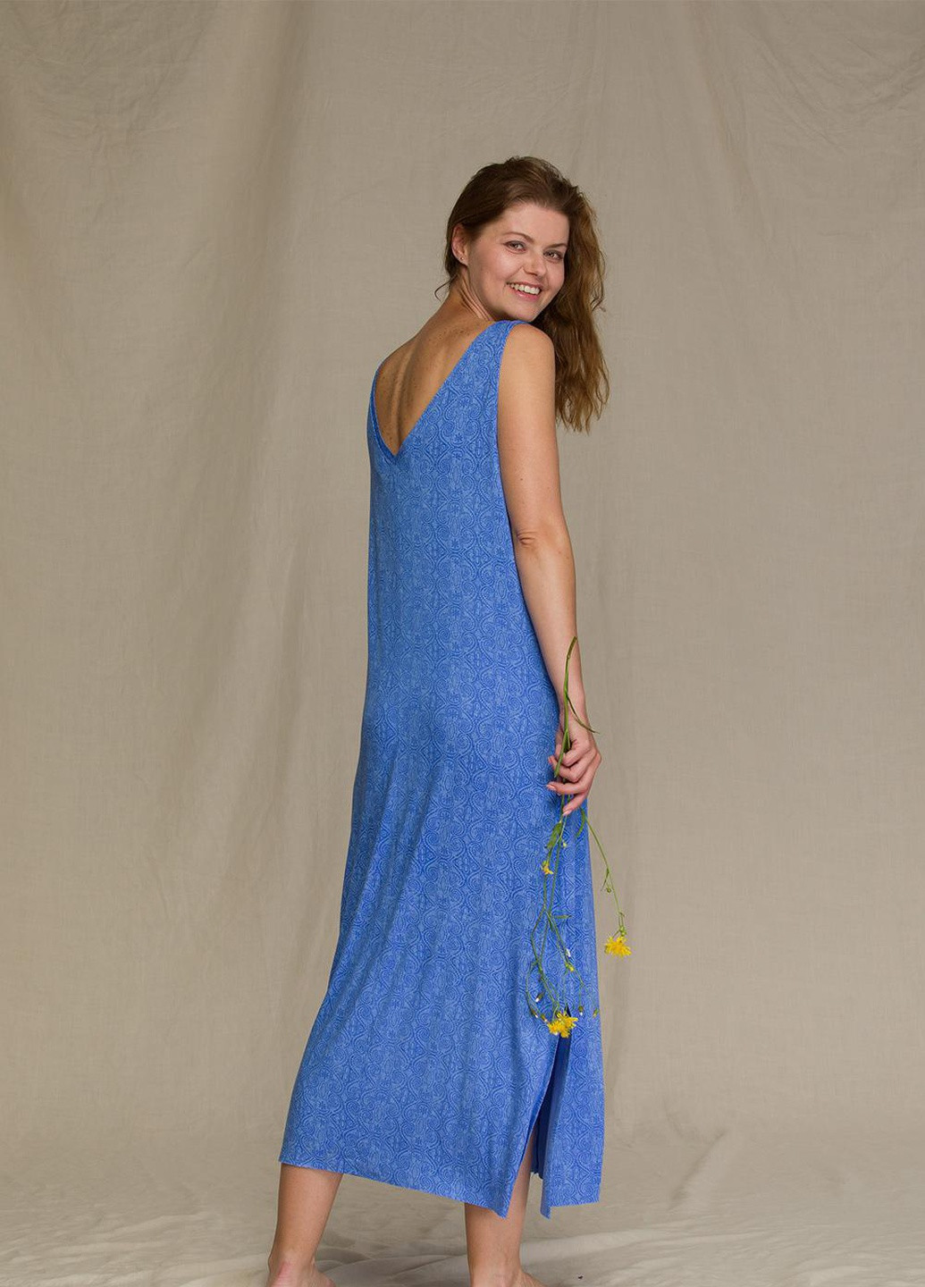 Темно-блакитна повсякденний сукня жіноча l принт lnd 916 1 a21 оверсайз Key з орнаментом