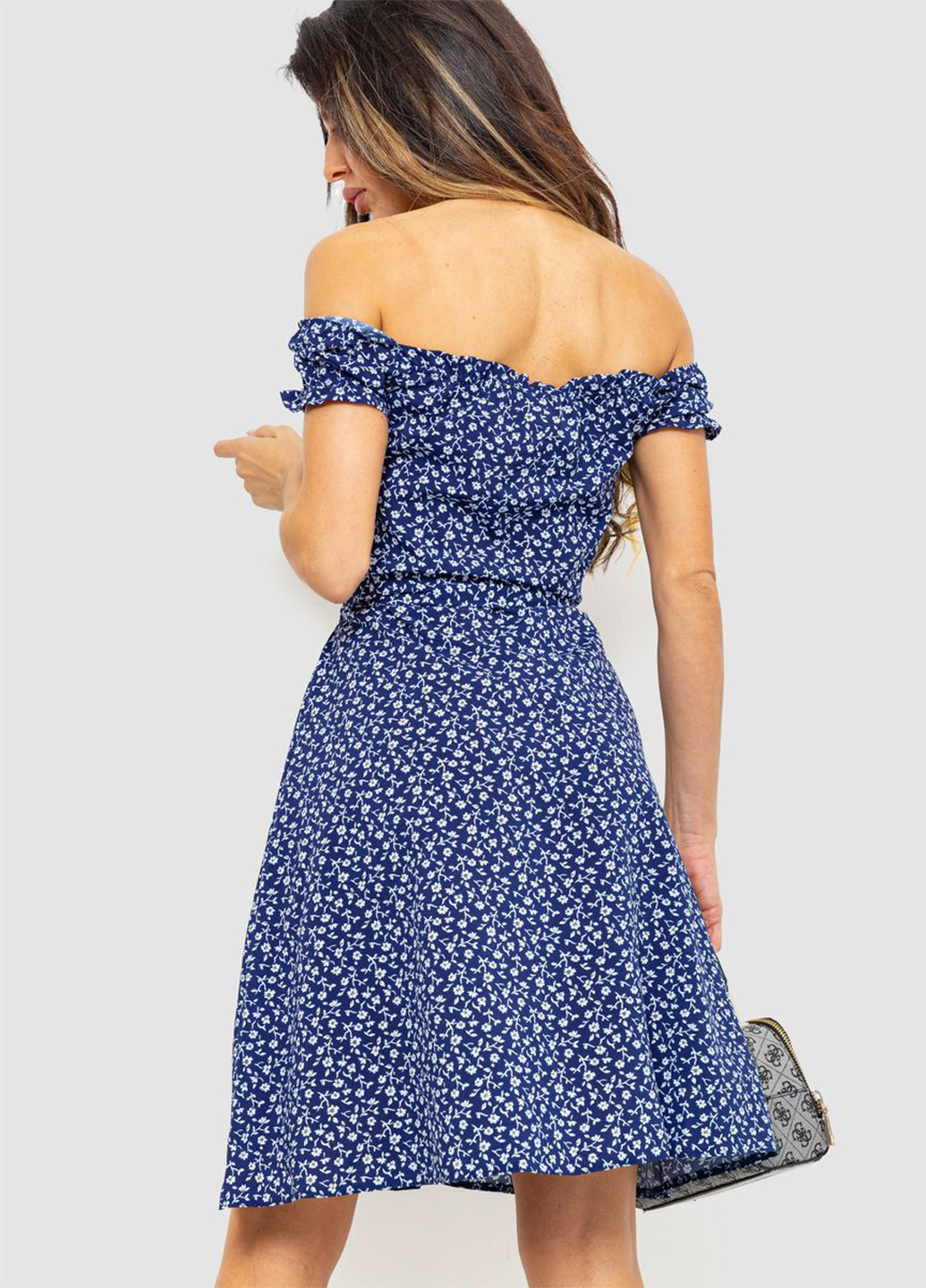 Темно-синее кэжуал платье клеш, с открытыми плечами Ager с цветочным принтом