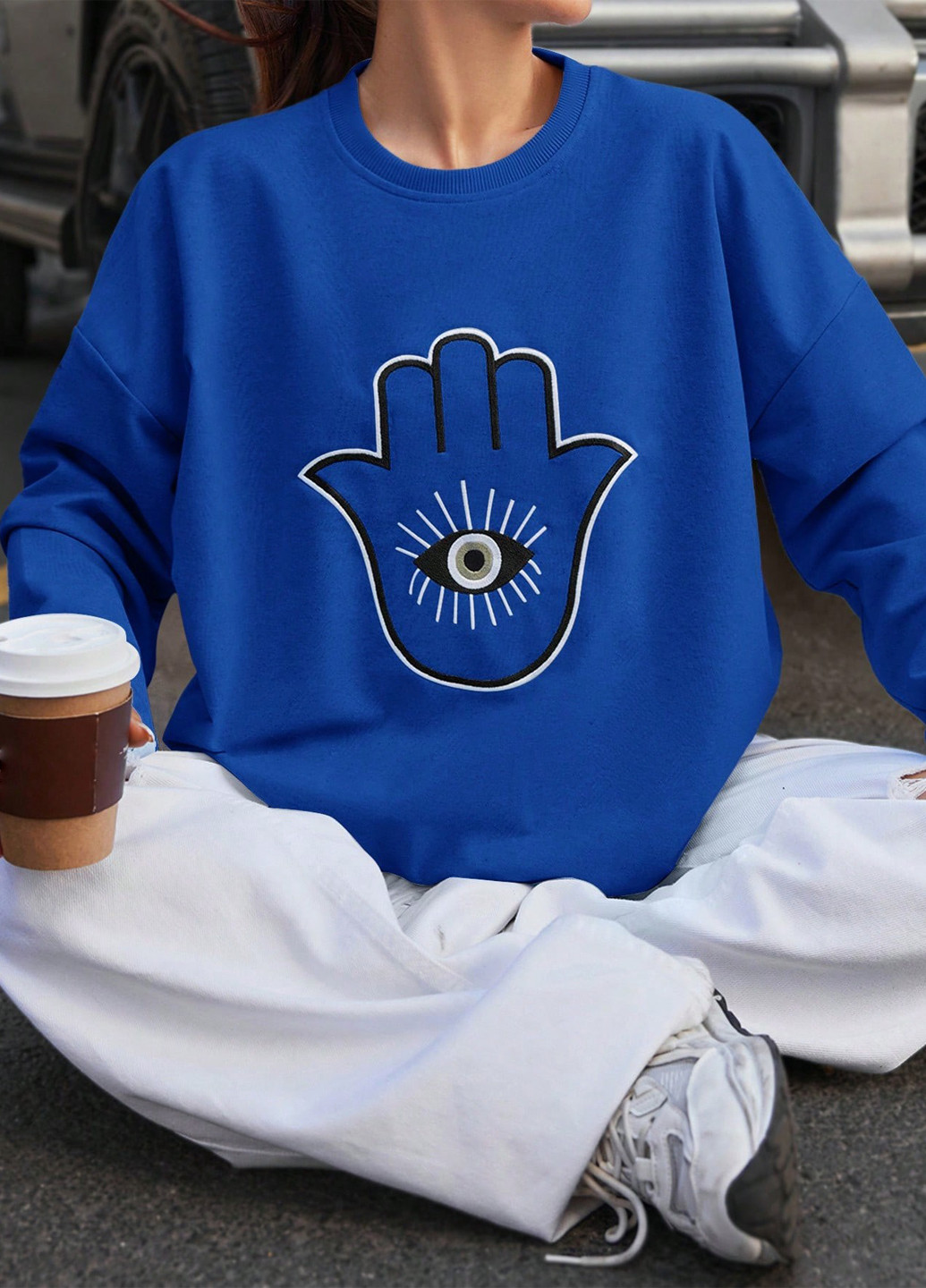 Синій світшот SHEIN однотонний вишивка (325828066)