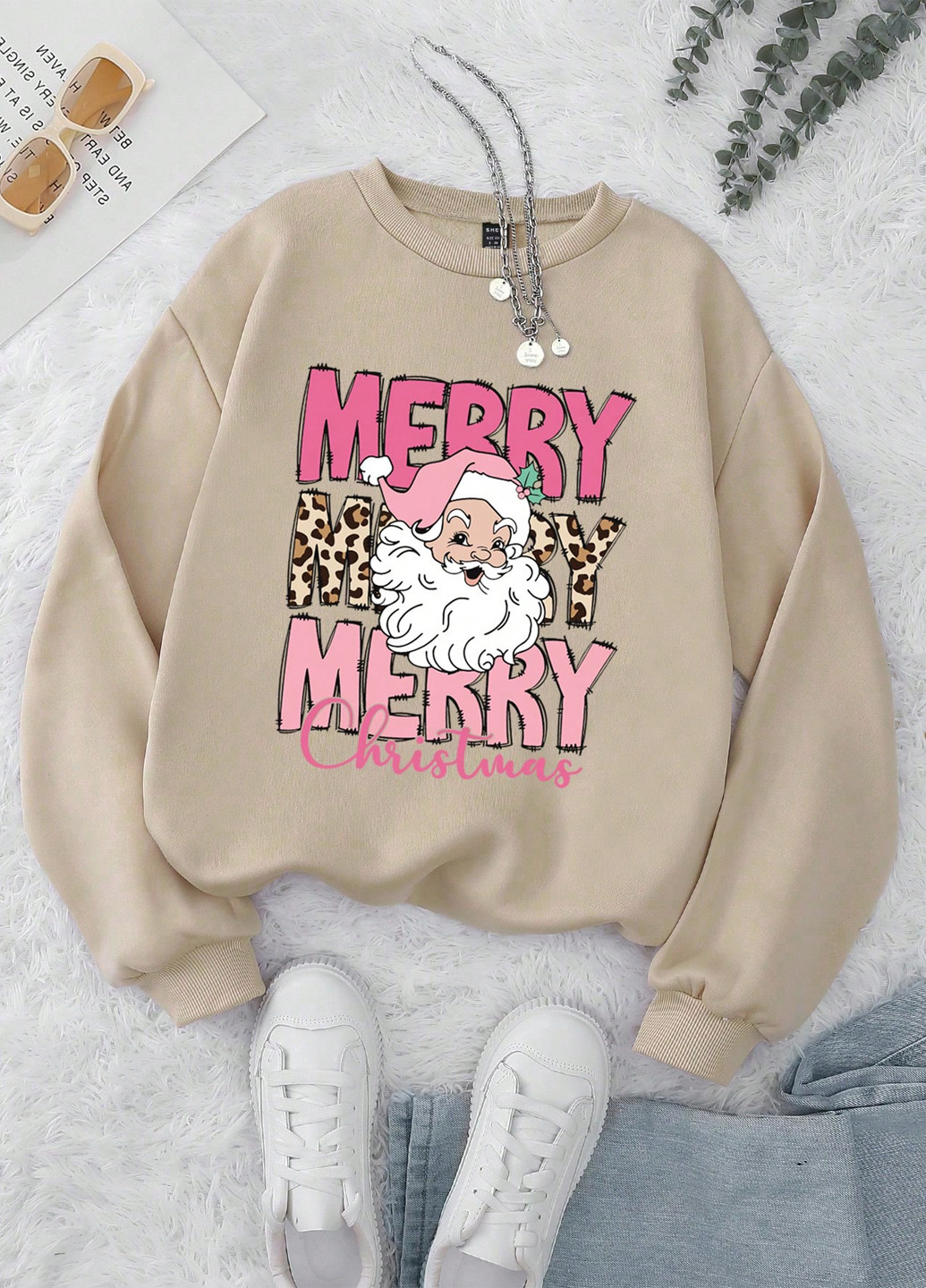 Бежевый свитшот SHEIN новогодний без декора (353322743)