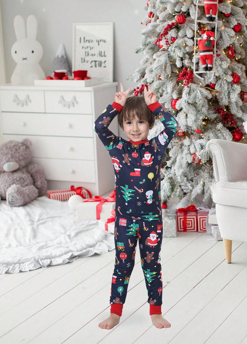 Темно-синяя зимняя пижама (лонгслив, брюки) лонгслив + брюки SHEIN