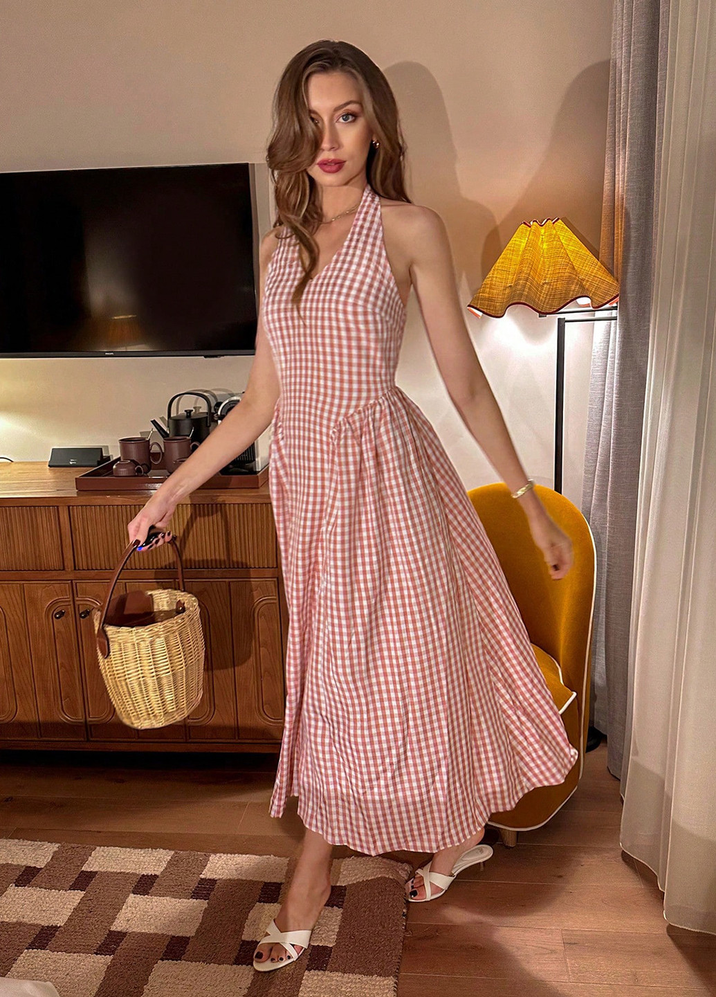 Комбинированное кэжуал платье клеш, с открытой спиной SHEIN в клетку