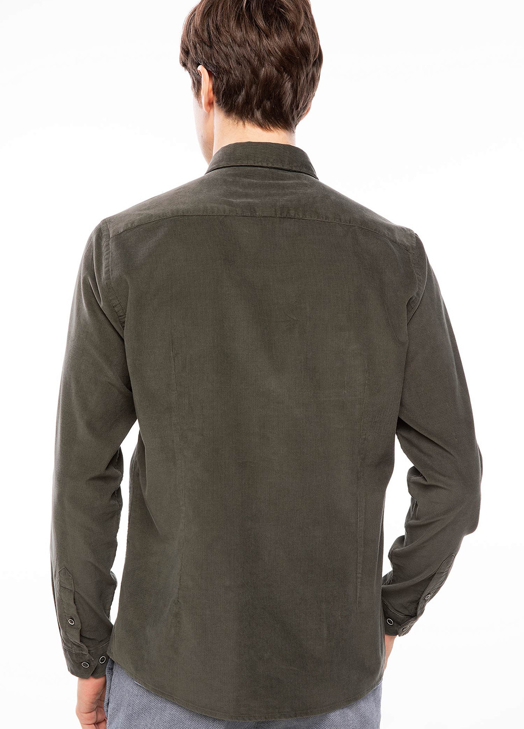 Оливковковая (хаки) кэжуал рубашка однотонная DeFacto с длинным рукавом