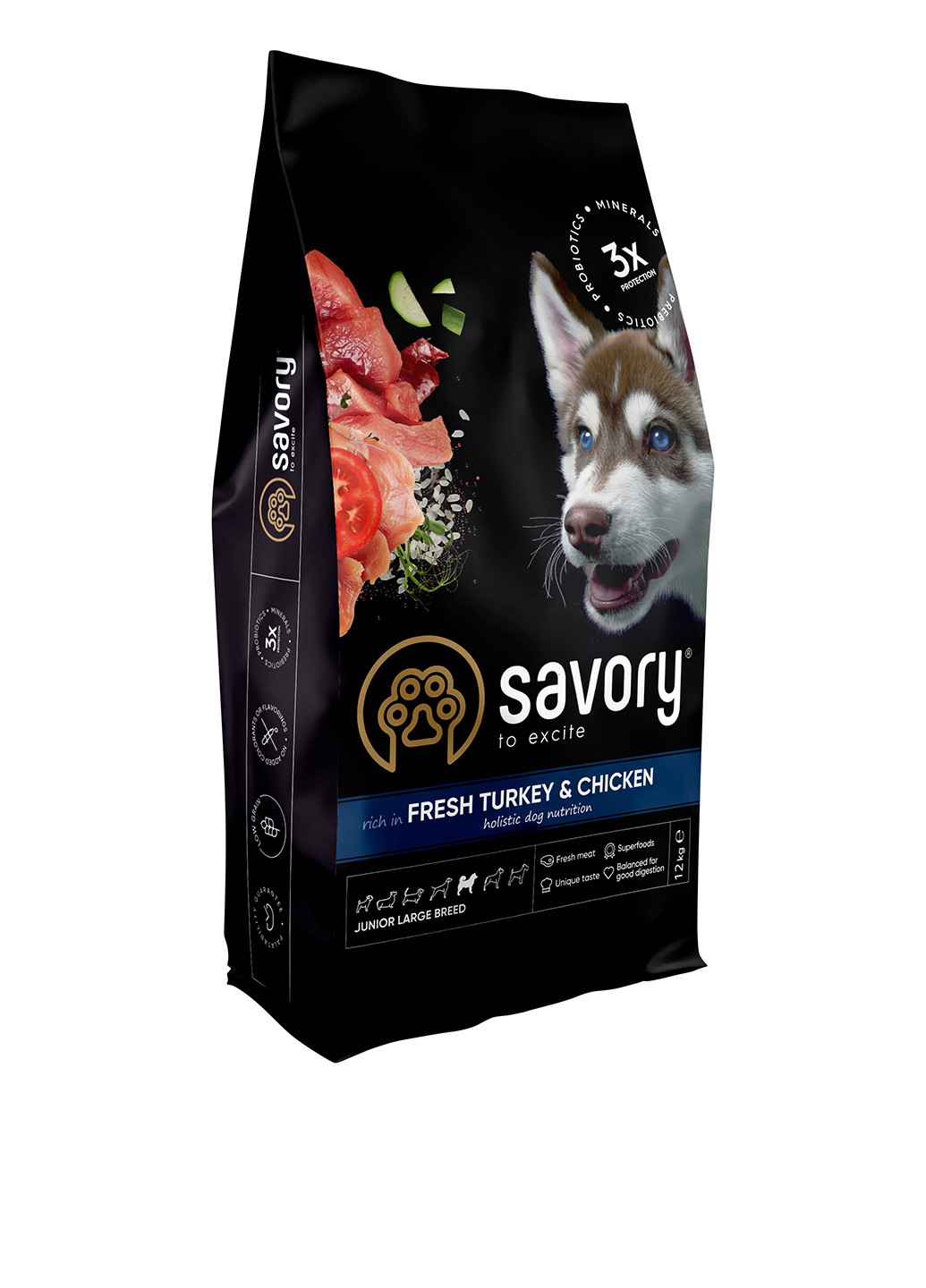 Сухий корм для юніорів великих порід, зі свіжою індичкою і куркою, 12 кг Savory (306721645)